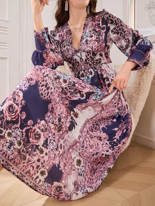 V-Ausschnitt Kleid mit Muster, Taille raffiniert, exotische Langarm