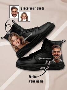 Custom Faux Leather High-Top Sneakers With Personalized Photo And Name, Waterproof Casual Shoes, Unique Gift For Men, Customize Fashion Footwear For Birthdays, Anniversaries, Or Holidays, Comfortable And Stylish Men's Faux Leather Sneakers - Black - View 1