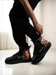 Custom Faux Leather High-Top Sneakers With Personalized Photo And Name, Waterproof Casual Shoes, Unique Gift For Men, Customize Fashion Footwear For Birthdays, Anniversaries, Or Holidays, Comfortable And Stylish Men's Faux Leather Sneakers - Black - View 5