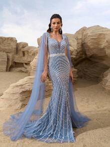 SUPGIR Women's Rhinestone Collar Long Lantern Sleeve Heavily Embroidered Evening Gown With Backless Design And High Slit,Party Dress,Formal,Wedding Guest - Dusty Blue - View 8