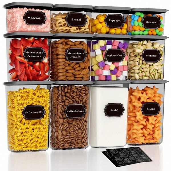 24-teiliges(12 Gläser + 12 Deckel) Lebensmittelaufbewahrungsset  mit Etiketten, Küchenorganisator, versiegelte Kunststoffaufbewahrungsboxen mit Deckel für Getreide, Mehl, Kaffeebohnen, Cornflakes, Nudeln 1.8L 1.3L