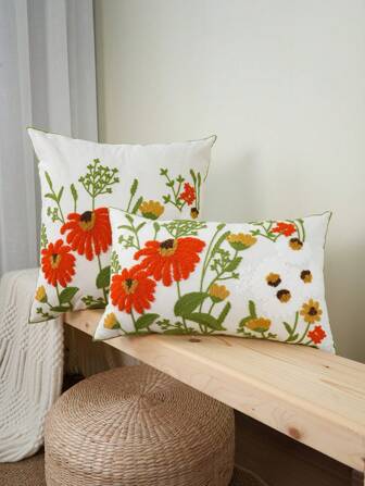 1pc Colorful Flower Exquisite Embroidery Cushion Pillowcase, Towel Embroidery, Composite Embroidery, Home Decoration, Pillow Core Not Included, Universal For Multiple Room Types Rama Decoration Rama