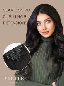 Yilite Extensiones de cabello humano sin costuras para clip, cabello natural negro 1B, extensiones de cabello humano Remy con clips, tejido invisible con piel PU, extensiones de cabello Remy natural, extensiones de cabello humano real con clips, 14-20 pulgadas