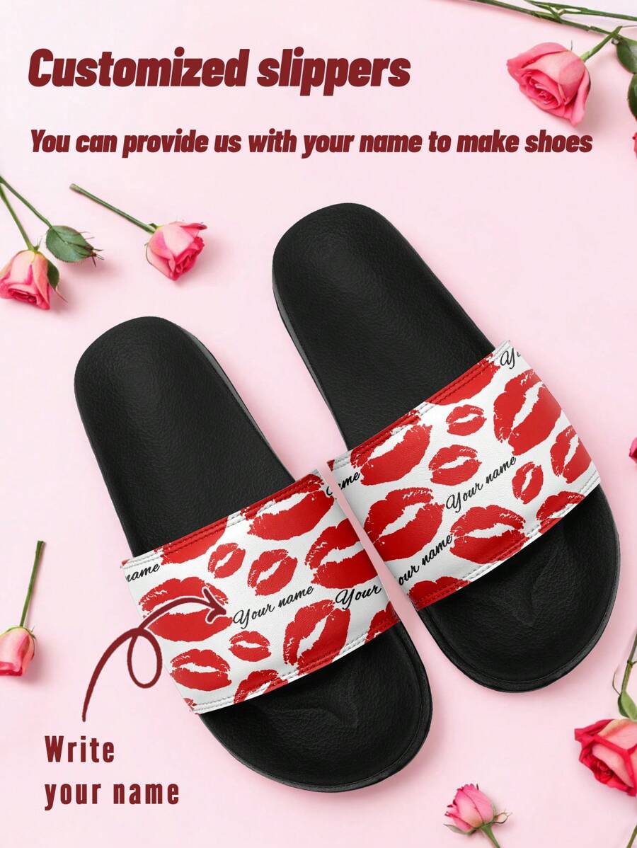 Tongs de plage personnalisées pour la Saint-Valentin avec nom, sandales glissantes personnalisées avec un design de lèvres rouges, chaussures d'été confortables et antidérapantes pour hommes et femmes, parfaites pour la plage, la piscine et les tenues décontractées