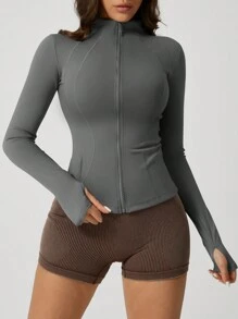 Chaqueta deportiva de manga larga con cremallera y ojal para el pulgar, de unicolor, para mujer