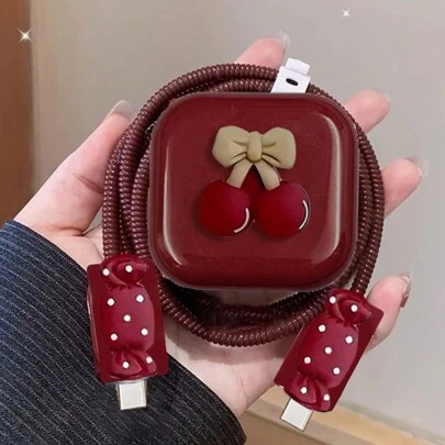 5个/套 3D樱桃造型线缆保护套，兼容苹果20W英规充电器，防止线缆断裂
