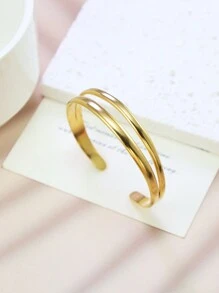 1pc Stainless Steel Minimalist Double Stripe Hollow Cuff Bracelet, Adjustable Unisex Jewelry Accessory - Stainless Steel Bracelet - View 4