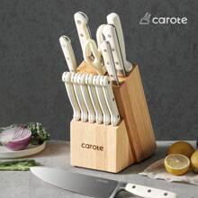 CAROTE 14 Pieces Knife Set With Wooden Block Stainless Steel Knives With Ergonomic Handle, Forged, White