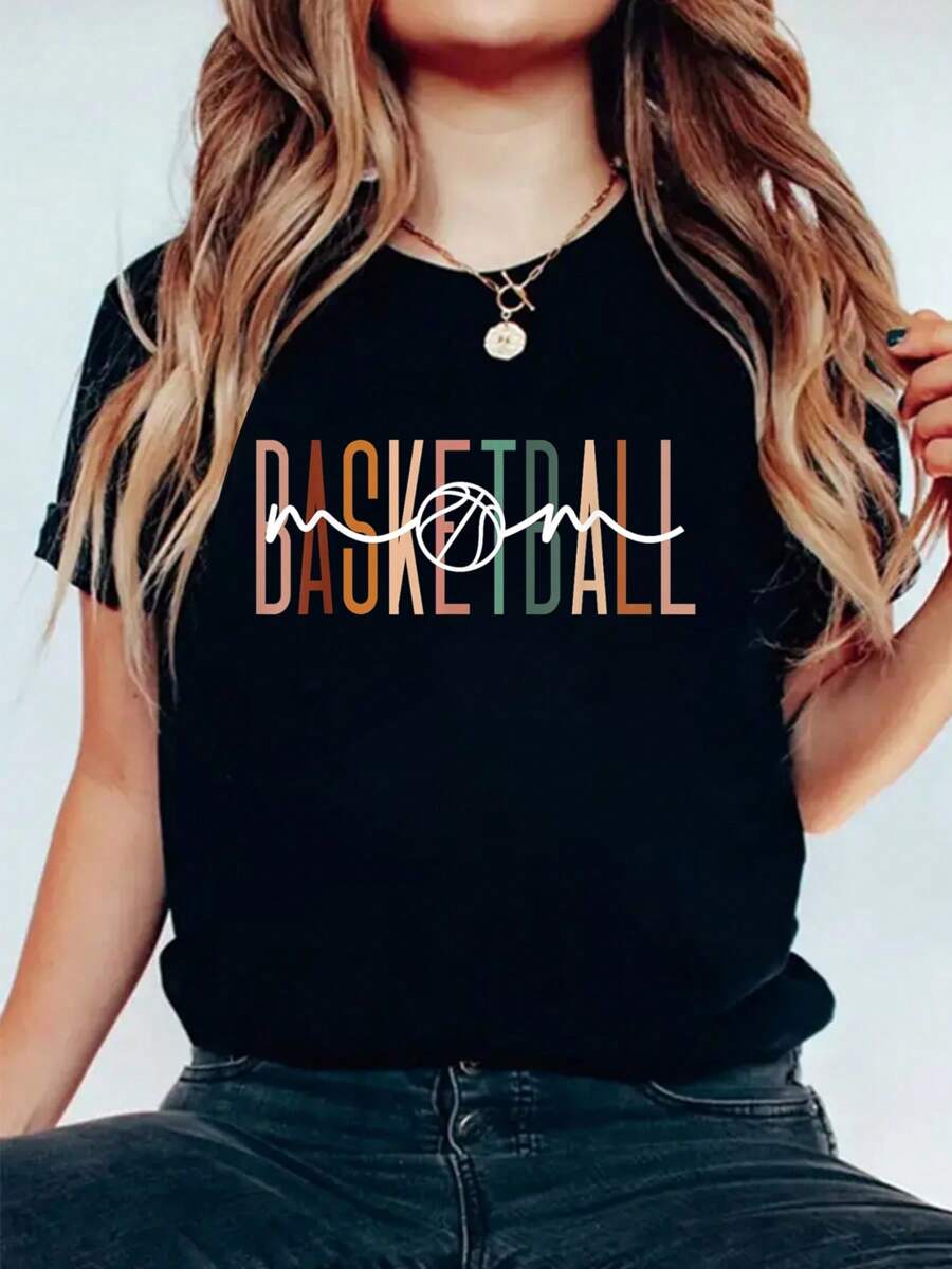 Basketball T-Shirt Round Neck Short Sleeve T-Shirt For Women Casual, Summer , Women Top Graphic Tees Women Tops - 黑色 - 查看 1