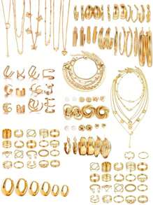 92-37 Stücke elegantes Vintage Schmetterling, Herz, Kunstperle, Knoten, Stern, Mond, Strass, breites Band, Schlangenkette, Flechtenkette, geometrische C-förmige Ohrringe, Halskette, Ring, Armband Schmuckset, geeignet für Feiertage, Partys, Alltagstragen, als Geschenk zu Festivitäten