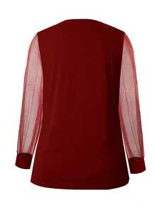 Plus Size Women V-Neck Mesh Long Sleeve Top - Red - View 2
