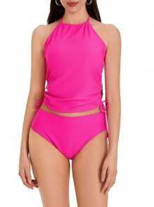 Charming Women Bikini Set, Neck Hanger Sleeveless Backless Crop Tops Solid Color Panties For Summer, Women Clothing - 玫紅色 - 查看 2