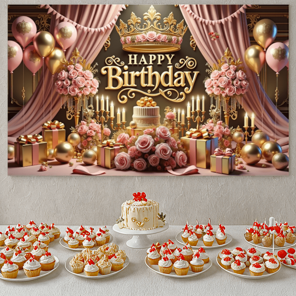 1 pièce Bannière d'anniversaire 180x110cm avec motif de couronne de ballons roses et dorés, toile de fond décorative