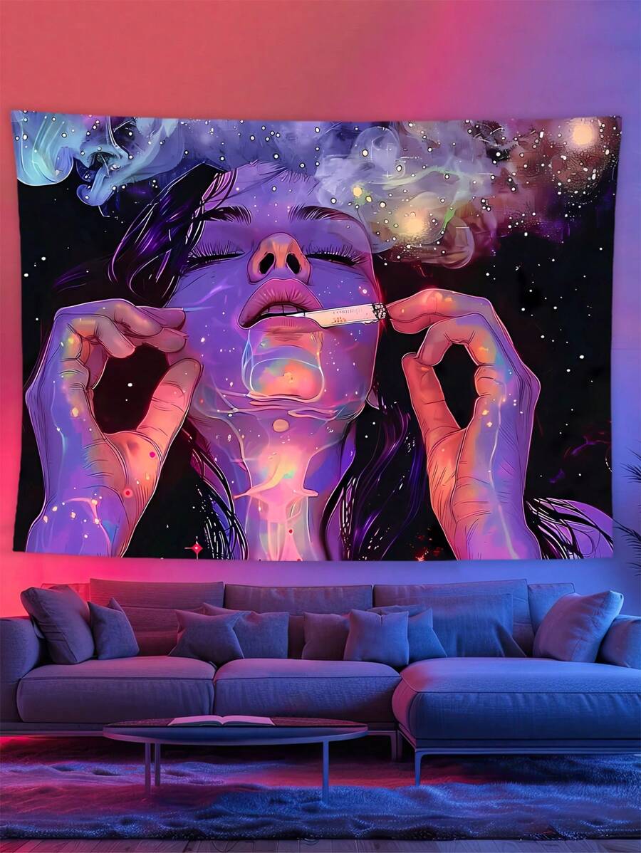 黑光挂毯 UV 反应挂毯 Vibe 挂毯 美学壁挂毯 卧室壁挂 - 米色 - 查看 1