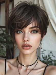 10 英寸棕色短直发合成假发，带刘海，适合女士日常派对角色扮演使用 - 棕色 - 查看 3