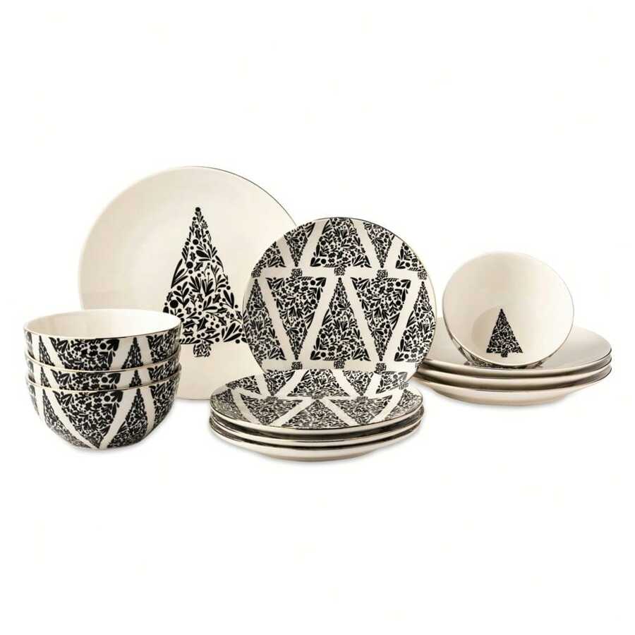Thyme & Table Holiday Tree 12-Piece Ceramic Dinnerware Set - Cream - 1 - View 1
