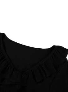 Women's Warp V Neck Dress, Short Puff Sleeve Solid Color Shirred High Waist Ruffle Mini Dress - Black - View 8