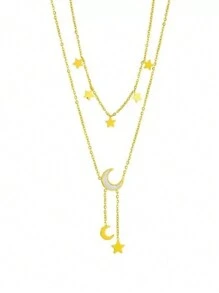 女士双层星月设计钛钢流苏吊坠项链，无盒子 - 金色 - 查看 4