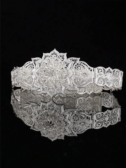 1 件摩洛哥风格金属腰带，镂空花卉镶嵌水钻装饰女士婚礼珠宝腰链，可调节长度情人节配饰