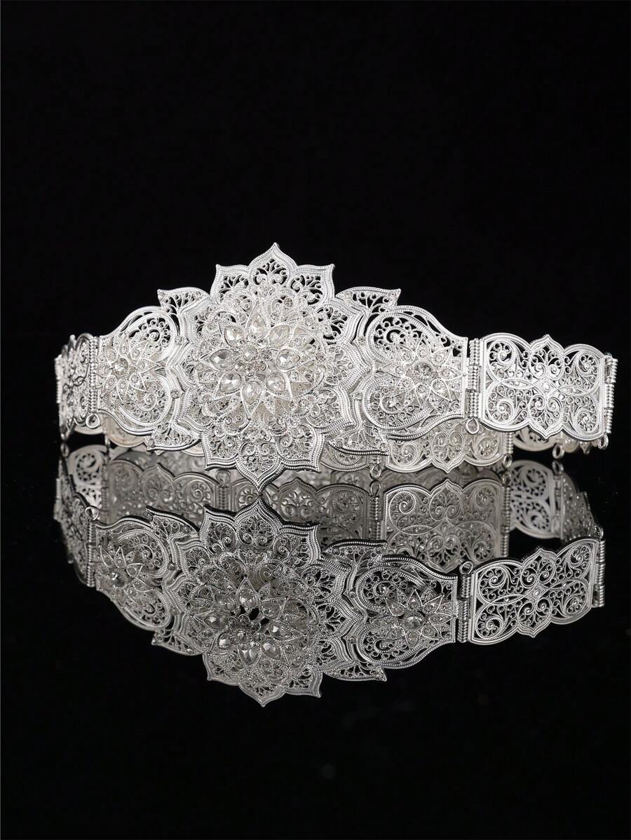 1 件摩洛哥风格金属腰带，镂空花卉镶嵌水钻装饰女士婚礼珠宝腰链，可调节长度情人节配饰