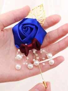 1pc Groom's Satin Lapel Pin With Chain, Golden Leaf & Rose Design For Men's Suit, Suit Decoration For Groomsman, Best Man, Dancing Party, Banquet Valentine's Day Valentines