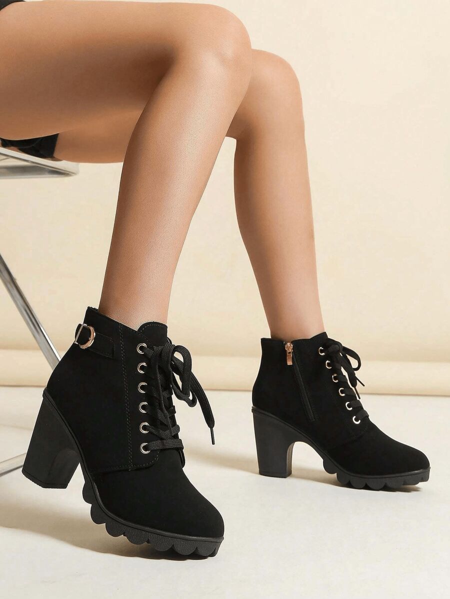 Señoras Botas de Moda, Botas Negras de Tacón Alto a Media Pantorrilla, Elegante y de Moda, Adecuado para el Desgaste al Aire Libre. Señoras Corriendo Botas de Moda Suela Blanda, Casual, Cómodo, al Aire Libre, con Cordones, Punta Redonda, Transpirable, Ligero, Suela Blanda, Zapatos Deportivos para Caminar.