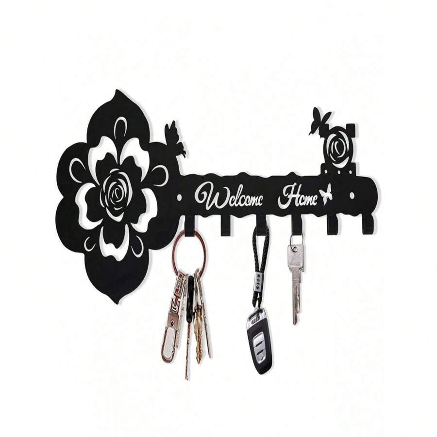入口欢迎回家装饰钥匙挂钩架，壁挂式钥匙扣架，储物整理架 - 小号黑色，适用于感恩节、圣诞节、乔迁派对