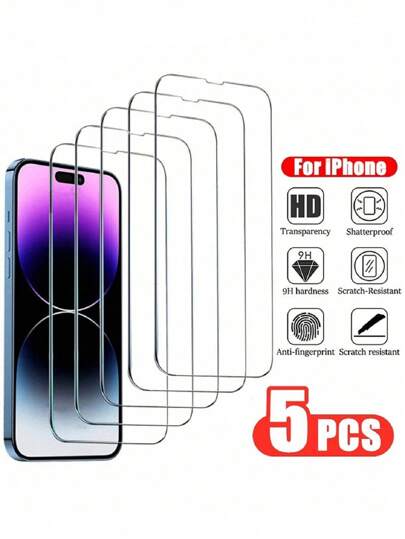 5 件钢化玻璃屏幕保护膜适用于 16 15 14 13 12 11 15 Pro Max 12 Mini XS XR X 8 7 6S Plus SE 透明膜保护套生日、家人、朋友礼物手机屏幕保护膜、手机配件防水防震防摔防刮防指纹全覆盖