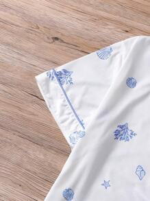 2pcs/Set Cute Ocean Seahorse & Shell Print Women Pajama Set, Short Sleeve Lapel Cardigan Top And Loose Elastic Shorts, Casual Sleepwear And Loungewear For Women, All Season - White - View 5