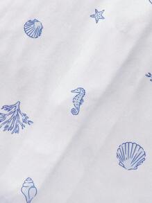 2pcs/Set Cute Ocean Seahorse & Shell Print Women Pajama Set, Short Sleeve Lapel Cardigan Top And Loose Elastic Shorts, Casual Sleepwear And Loungewear For Women, All Season - White - View 3