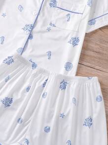 2pcs/Set Cute Ocean Seahorse & Shell Print Women Pajama Set, Short Sleeve Lapel Cardigan Top And Loose Elastic Shorts, Casual Sleepwear And Loungewear For Women, All Season - White - View 8