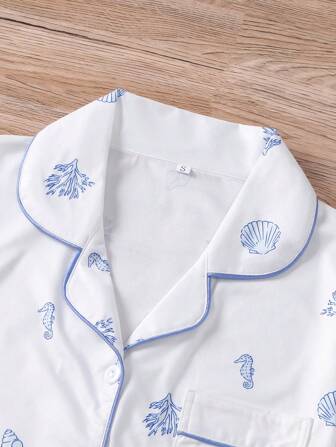 2pcs Set Cute Seahorse & Shell Printed Women Pajamas Set, Short Sleeve Lapel Top And Elastic Waist Shorts, Women Casual Sleepwear Loungewear For All Seasons, Two Pieces Set