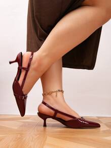 Zapatos de vestir de tacón fino con correa y hebilla, de piel sintética de color vino tinto, con un ajuste amplio, adecuados para uso diario, fiestas y eventos - Burdeos - Ver 5