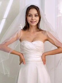 1pc Pearl Beaded Bow Double Layer Bridal Veil With Wavy Edge And Hair Comb