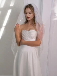 1pc Pearl Beaded Bow Double Layer Bridal Veil With Wavy Edge And Hair Comb