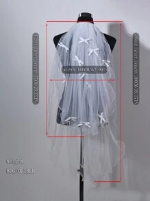 1pc Pearl Beaded Bow Double Layer Bridal Veil With Wavy Edge And Hair Comb
