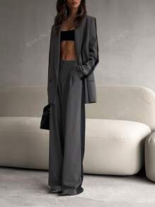 2Pcs Women Casual Business Loose Suit Set Contrast Color Blazer Jacket And Elastic Waist Straight Leg Pants Set, Summer/Spring, Elegant Style For Office Work Lady, Fashion For Informal Commuting