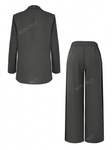 2Pcs Women Casual Business Loose Suit Set Contrast Color Blazer Jacket And Elastic Waist Straight Leg Pants Set, Summer/Spring, Elegant Style For Office Work Lady, Fashion For Informal Commuting