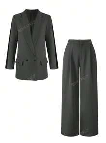 2Pcs Women Casual Business Loose Suit Set Contrast Color Blazer Jacket And Elastic Waist Straight Leg Pants Set, Summer/Spring, Elegant Style For Office Work Lady, Fashion For Informal Commuting