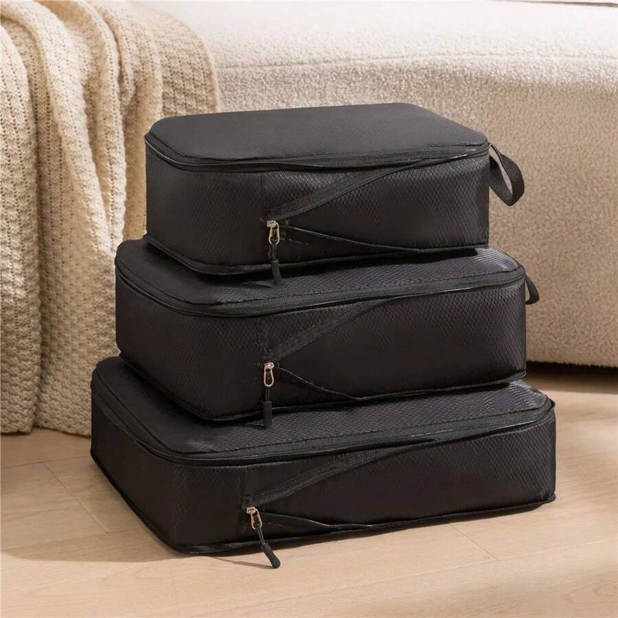 3Pcs/Set Bolsa de Viaje Compresible Multifuncional Bolsa de Almacenamiento de Viaje Impermeable Organizador de Equipaje de Nylon Portátil Rosa - Negro - Ver 1