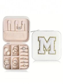 1 pièce Boîte de voyage pour bijoux avec initiale A-Z, étui de rangement multifonctionnel pour bijoux, mini boîte de rangement pour bijoux, organisateur de maquillage, porte-bijoux, sac cosmétique, sac de toilette, cadeau idéal pour les femmes, petite amie, amis, anniversaire, Noël, Halloween - Boîte de voyage pour bijoux avec initiale rose, cadeau de Noël pour adolescentes, retour à l'école