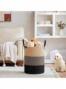 Cesto alto para la ropa sucia, cesto grande para la ropa sucia con asas, cesto de cuerda tejida para guardar mantas y juguetes en el salón, el baño y el dormitorio - 58L Marrón y Negro - Caqui - Ver 8