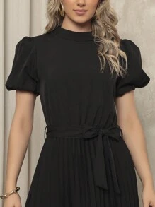 Women's Long Crepe Dress With Puffed Sleeves, Bow Waist And Pleated Skirt - Elegant And Sophisticated - 黑色 - 查看 3