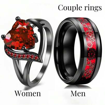 1 par de anillos para pareja romántica, anillo con cristal rojo sintético con forma de corazón para mujer, anillo de boda de acero inoxidable rojo para hombre
