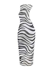 Solid Color Bikini Set & Zebra Stripe Print Hollow Out Long Cover Up Dress Swimwear 3-Piece Set, For Summer Vacation - Black and White - View 6