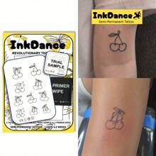 1 Kit "Cherries" Minimalist Revolutionary Technology Tattoos, Cherry, Semi-Permanent Tattoos, Temporary Tattoos, Long Lasting, Fake Tattoos, Water-Resistant, Authentic Tattoo Look, Plant-Based, Present, Girl Stuff X030