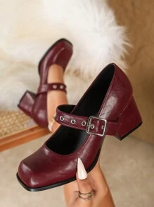 Plus Size Women's Mary Jane Pumps, Thick Heels, Square Toe, Wine Red/Red, Various Sizes Available