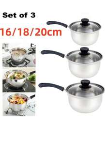 Set Of 3 Induction Non Stick Stainless Steel Cookware Kitchen Glass Lids Pot Pan - Silver - View 3