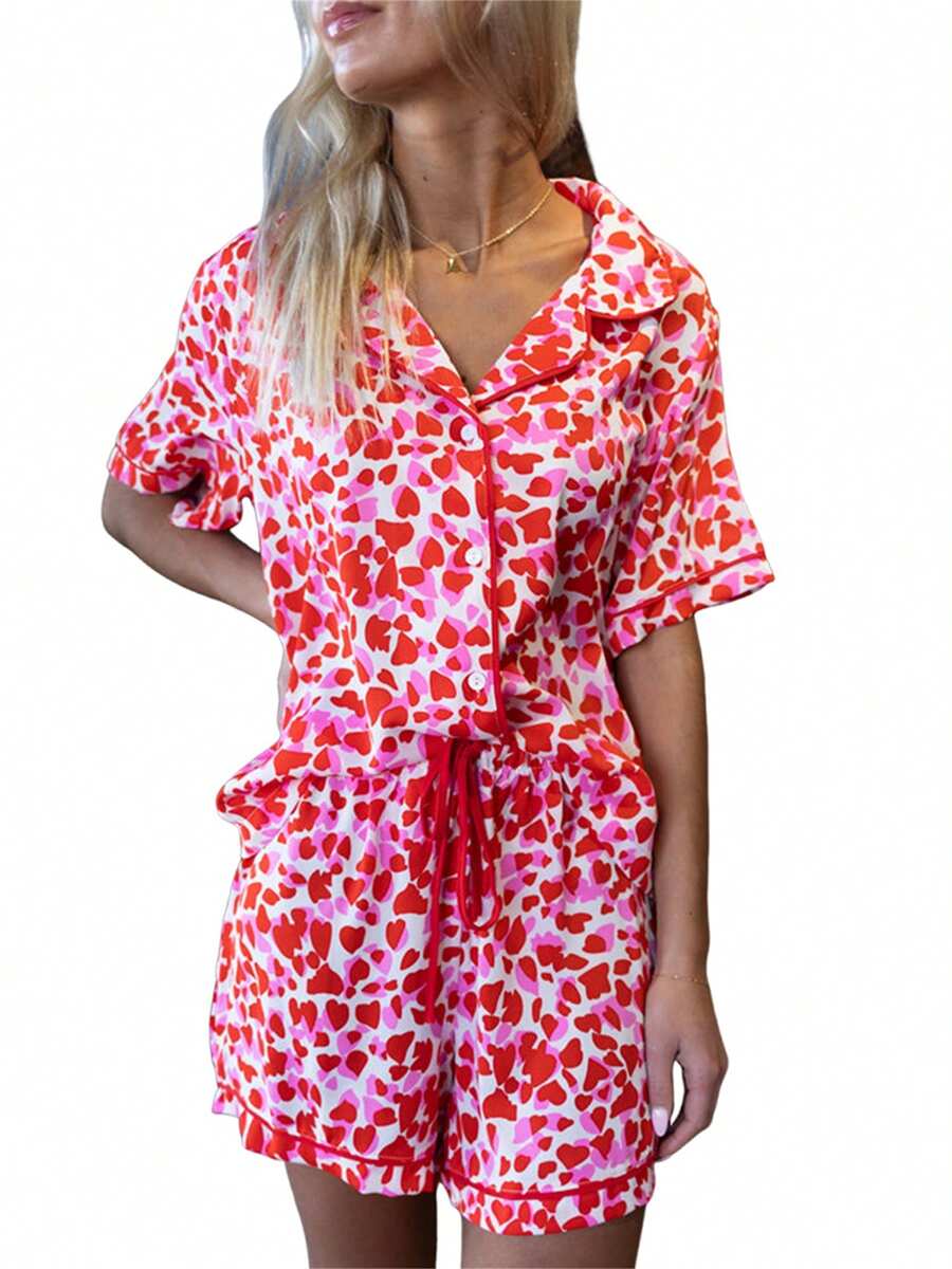 Women Pajamas Set Heart Print Button Short Sleeves Shirt And Drawstring Shorts For Loungewear Soft Sleepwear