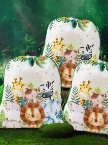 1pc/5pcs Jungle Animal Style Drawstring Gift Bag, Jungle Theme Babe Shower Birthday Party Family Holiday Party Decoration Supplies, Wild One Party Multi-Purpose Gift Wrapping Supplies Handbag Backpack - Jungle Animals - View 5